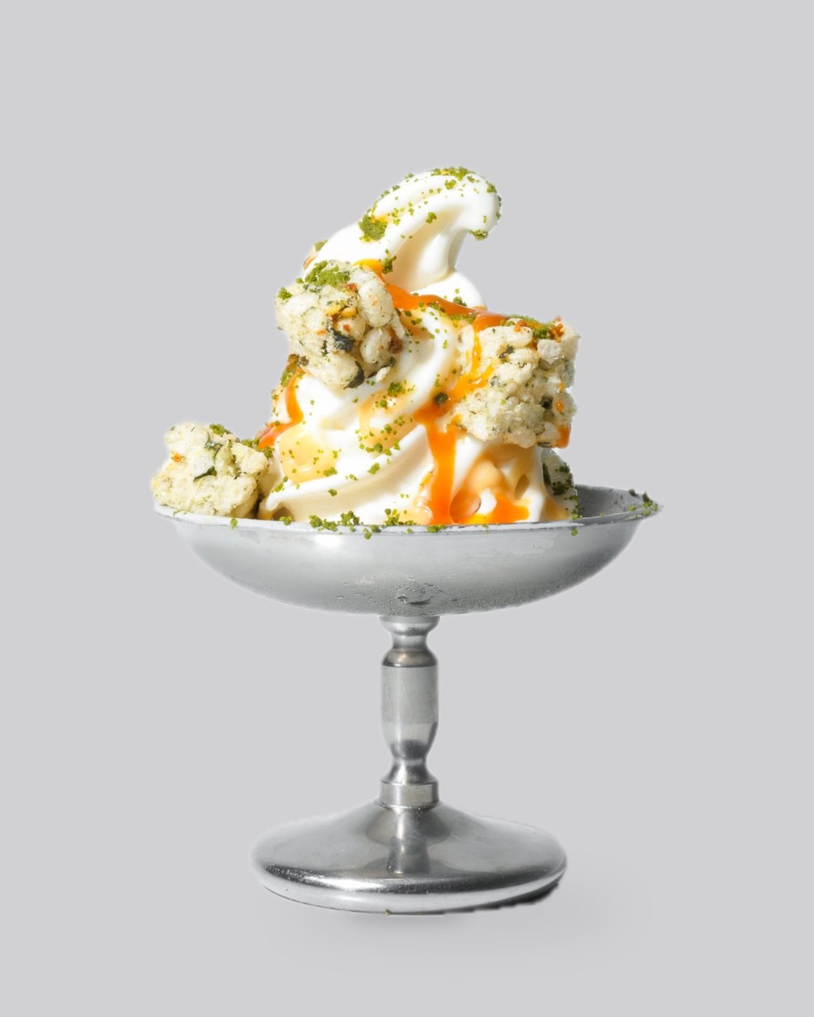 Rice krispies, miso caramel, matcha crumb